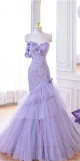 Purple Mermaid Sweetheart Neck Tulle Beaded Long Semi Formal Prom Dress Strapless Sequin Applique Wedding Dress